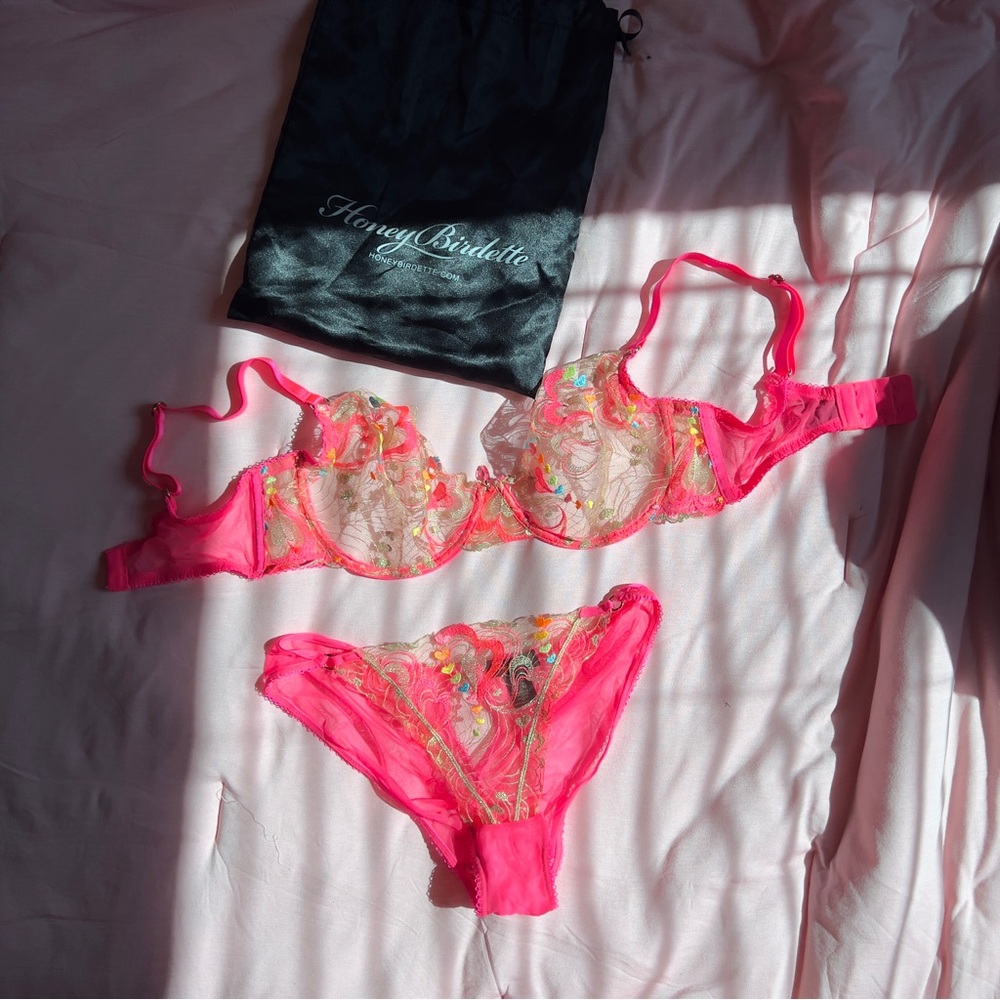 Honey Birdette Vibrant Pink Embroidered Bra Set